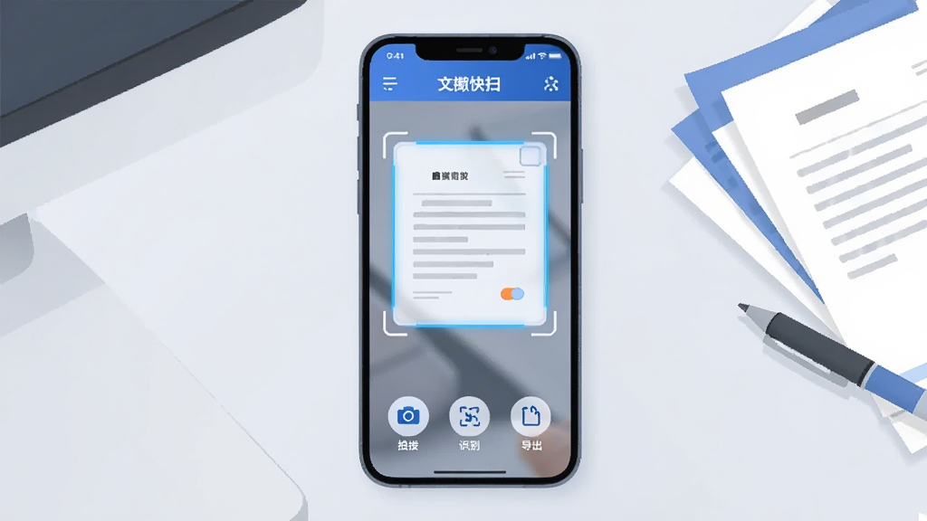 画面中央展示一部智能手机,手机屏幕内显示文撷快扫的应用界面,界面中有一份纸质文档被扫描框取景,文档边缘呈现高亮识别线条,屏幕下方排列着拍摄、识别、导出等圆形功能按钮;背景为浅灰色办公桌面,桌面一角放置几份纸质文件与一支笔;整体采用扁平化UI插画风格,色调以蓝白为主,画面干净整洁,细节清晰,画质高清,无多余装饰元素