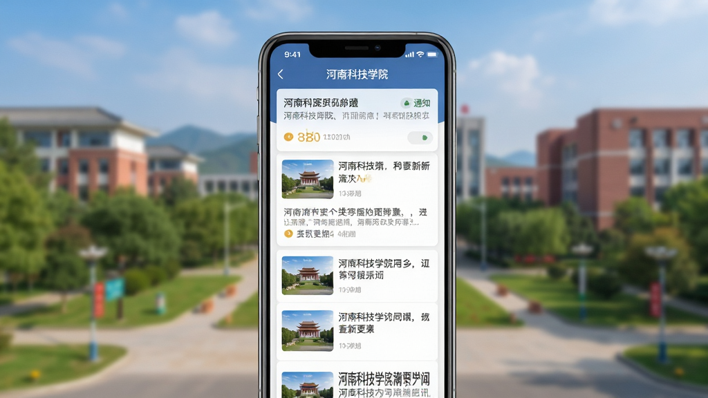河南科技学院移动端应用新闻资讯页面展示图,手机屏幕中呈现多条新闻列表与通知卡片,界面排版整齐,背景为校园风光虚化处理,风格现代简洁,画质清晰,干净无多余元素