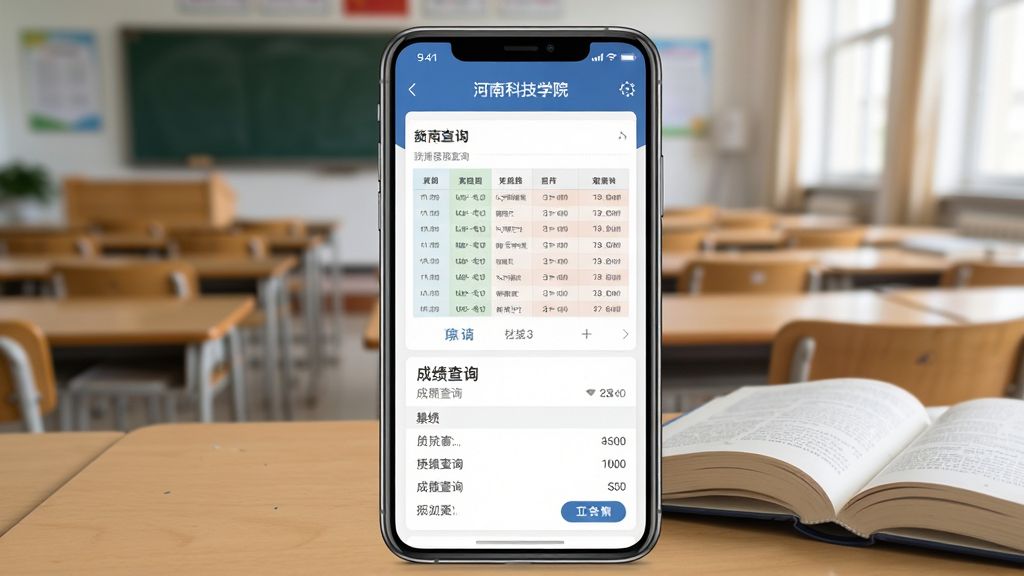 河南科技学院移动端应用教务查询功能界面展示图,手机屏幕显示课表与成绩查询页面,界面清晰直观,背景为教室与书本元素,风格学术清新,画质清晰,干净无多余元素