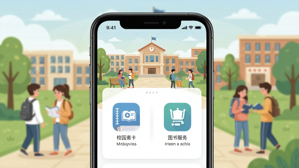 河南科技学院移动端应用生活服务功能界面展示图,手机屏幕呈现校园卡与图书馆服务入口图标,界面布局规整,背景为校园生活场景插画,风格亲切自然,画质清晰,干净无多余元素
