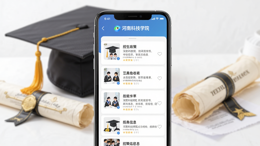 河南科技学院移动端应用招生就业信息页面展示图,手机屏幕显示招生政策与招聘信息列表,界面排版清晰,背景为毕业帽与证书元素,风格积极向上,画质清晰,干净无多余元素