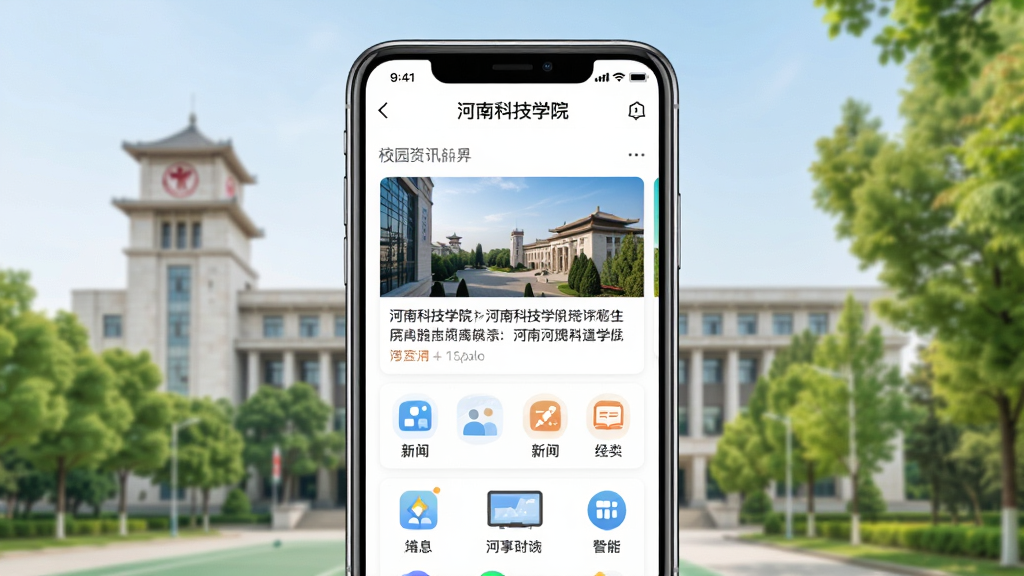一张展示河南科技学院移动端应用界面的效果图,画面中心为一部智能手机,屏幕显示校园资讯首页,包含新闻卡片和功能图标,背景为河南科技学院标志性建筑与绿树,整体风格清新明亮,构图简洁,画质清晰,干净无多余元素