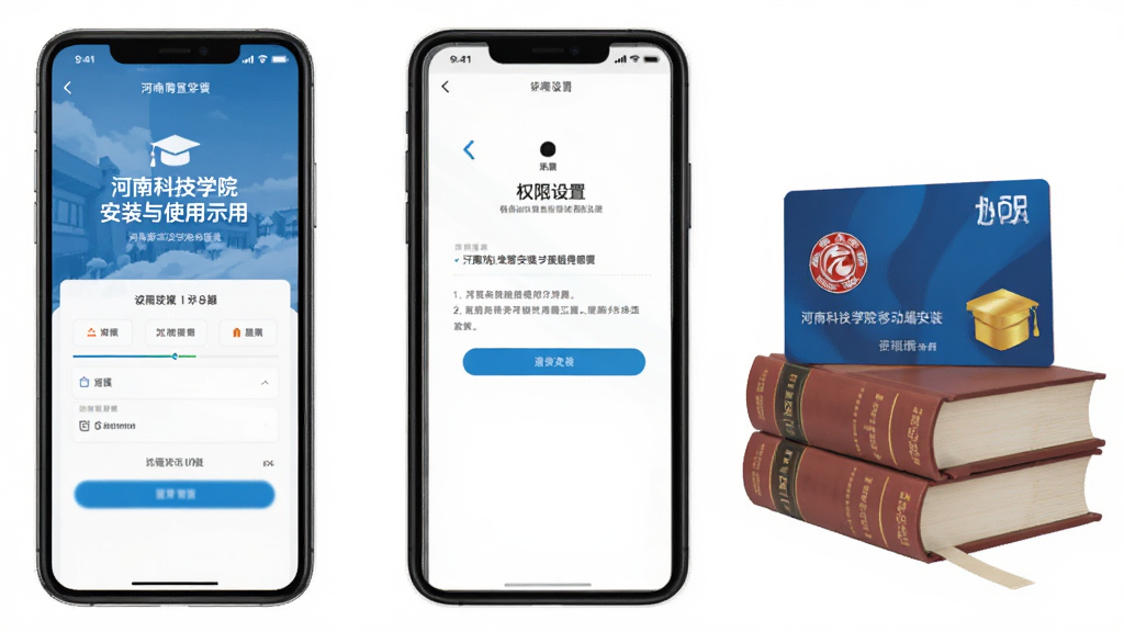 河南科技学院移动端应用安装与使用示意图,画面展示手机安装界面与权限设置页面,旁边配有校园卡与书本元素,风格简洁实用,画质清晰,干净无多余元素