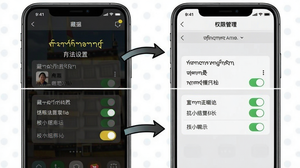 主体为手机屏幕展示藏语播报输入法设置界面与权限管理页面,布局为上下排列双界面展示,风格为简洁教程图示风,细节包含箭头指引与权限开关高亮标识,画质清晰,干净无多余元素