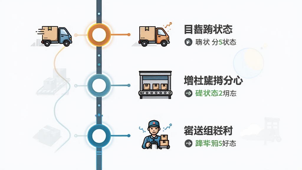 画面以一条纵向时间轴为主线,时间轴上分布多个圆形节点,每个节点旁配有文字标签与快递小车、分拣中心、派送员等小图标,整体布局竖向排列、左侧时间轴右侧说明文字,风格为清爽信息图插画,细节包括节点高亮、连线、状态文字,画质高清、画面干净、无多余元素