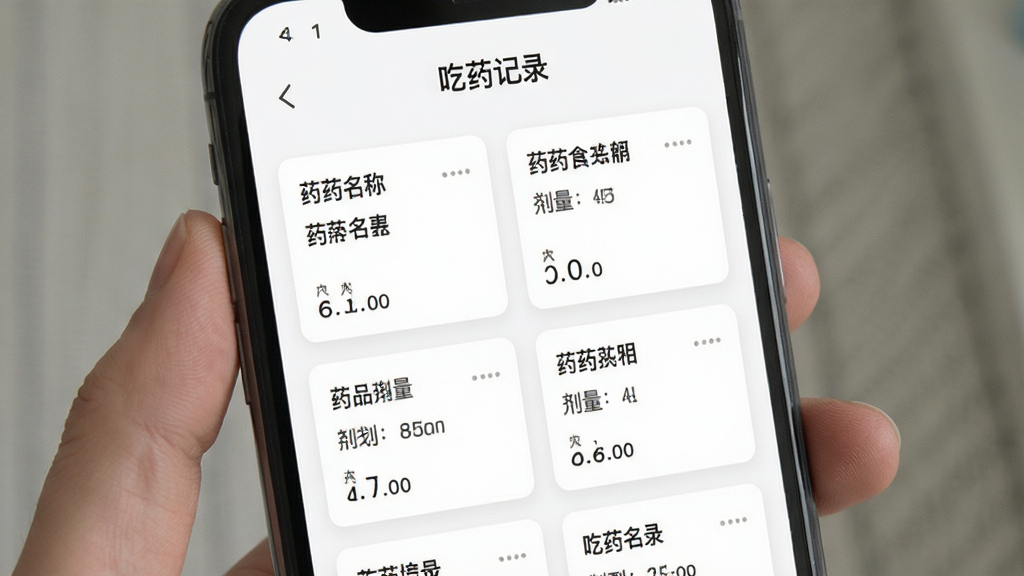 手机屏幕展示吃药记录软件的药品档案管理页面,画面中有多个药品卡片排列,每张卡片上有药品名称和剂量信息,背景为白色,风格简洁,细节清晰,画质干净,顶部有“吃药记录”标题