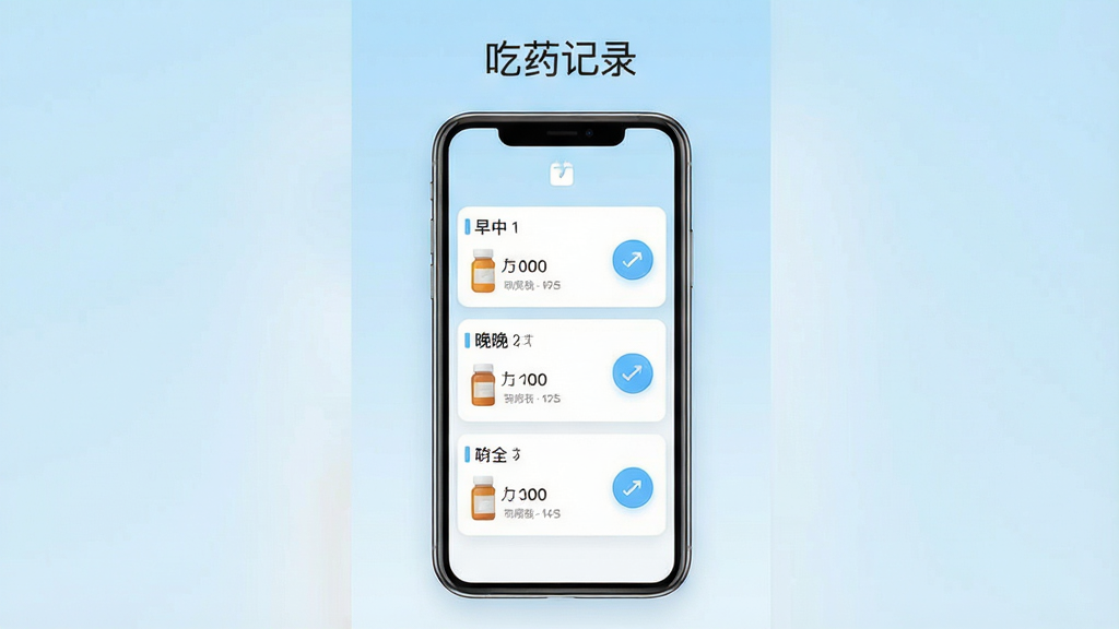 一张展示吃药记录软件主界面的手机屏幕效果图,画面中央是一部竖屏智能手机,屏幕内显示清爽的用药清单列表,包含早中晚三个时段的药品卡片和打卡按钮,背景为柔和的浅蓝色渐变,风格简约现代,细节清晰,画质干净,无多余元素,图片上方有“吃药记录”文字标识