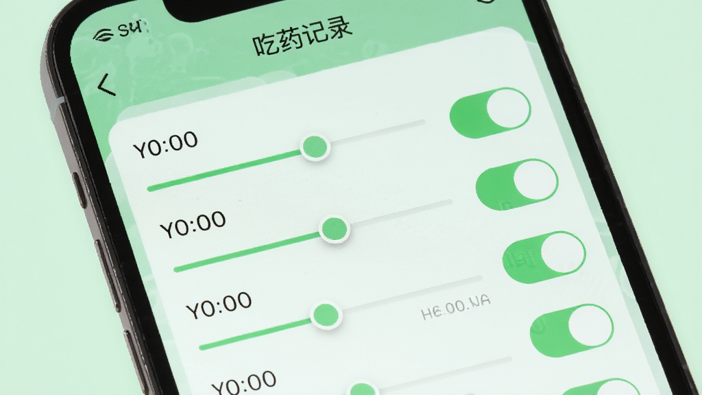 一部手机屏幕显示吃药记录软件的闹钟提醒设置界面,画面中有多个时间滑块和开关按钮,背景为淡绿色,风格清新,细节丰富,画质清晰,屏幕上方显示“吃药记录”字样