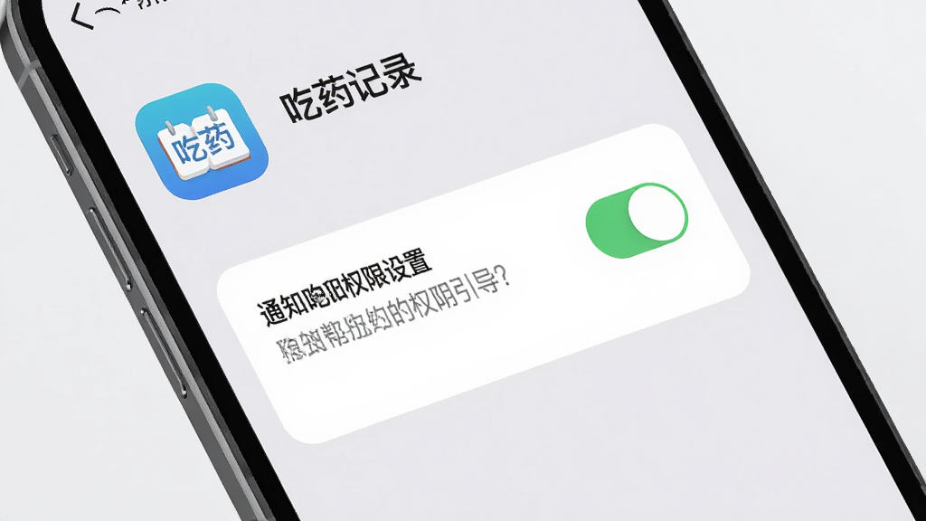 一部手机屏幕展示吃药记录软件的通知权限设置引导页面,画面中有权限开关和提示文字,背景为浅灰色,风格商务简洁,细节清晰,画质干净,屏幕显示“吃药记录”图标