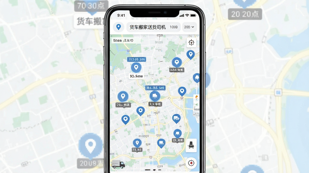 手机应用界面展示地图与货源分布点,画面主体为一张城市地图,地图上散布多个圆形货源标记点,布局为竖屏手机截图样式,风格为简洁科技感UI,细节包含定位图标、距离数值标签、顶部筛选栏,画质清晰干净,图中标注文字