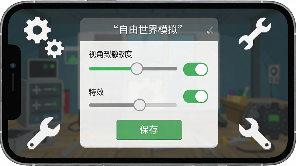 ������һ���ֻ���Ļ��ʾ��Ϸ���ý��棬�����а����ӽ������Ȼ��顢��Ч���غͱ��水ť������Ϊ���������С���Χ�г��������ͼ���׺�����Ϊ����ƽ��UI���ϸ�ڰ������ű�ע����������ģ�⡱���֡���ɫ���ذ�ť����ɫ���飬���������ɾ����޶���Ԫ��