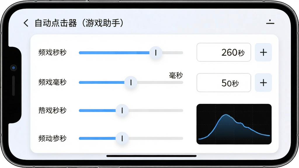 “自动点击器(游戏助手)”频率调节界面图,主体为手机屏幕上的参数设置面板,布局为纵向排列的滑块与数字输入框,排版为左侧标签右侧数值,风格为清爽浅色卡片式UI,细节包含毫秒单位标识、加减微调按钮、实时预览曲线,画质高清干净无多余元素