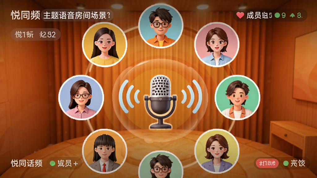 悦同频主题语音房间场景图,画面展示一个虚拟房间内多个用户头像环绕排列,中央有麦克风与声波图标,背景为温馨暖色调,布局呈圆形辐射状,风格活泼明快,细节包含房间话题标签与成员状态标识,画质清晰无杂乱