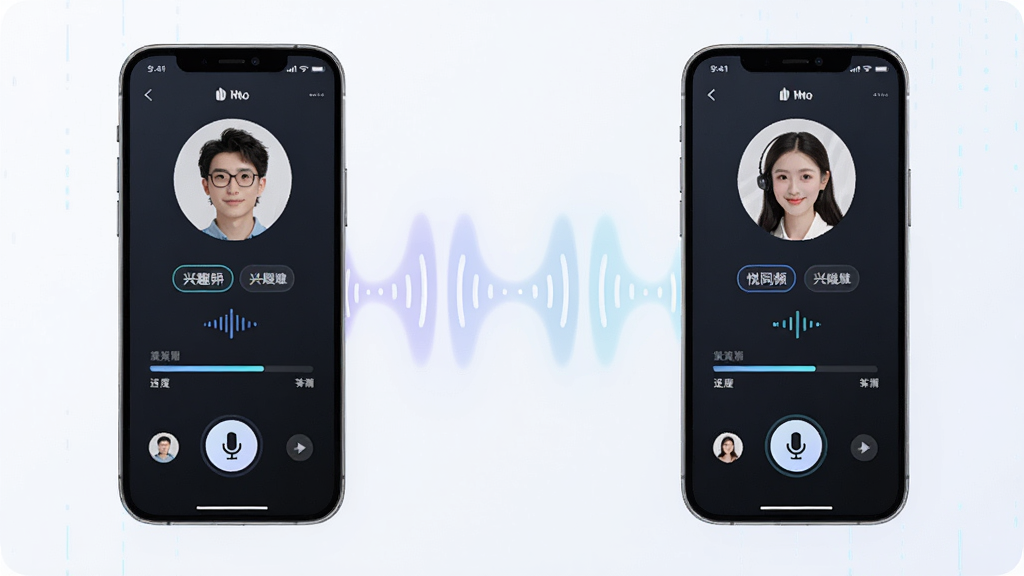 悦同频实时语音匹配功能展示图,画面主体为两部手机通过声波线条连接,屏幕内显示用户头像与兴趣标签,布局左右对称,风格科技感浅色系,细节包含匹配进度条与麦克风按钮,画质干净清晰