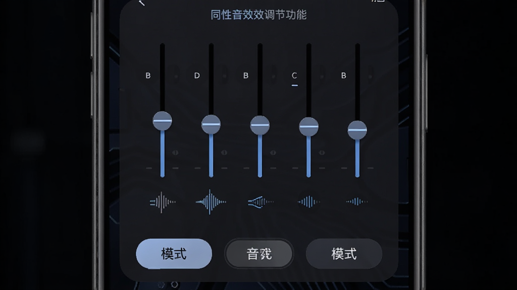 悦同频个性化音效调节功能图,画面展示手机界面内均衡器滑块与音效模式图标,主体为调节面板特写,布局居中对称,风格深色科技感,细节包含高低音波形示意图与模式切换按钮,画质清晰锐利