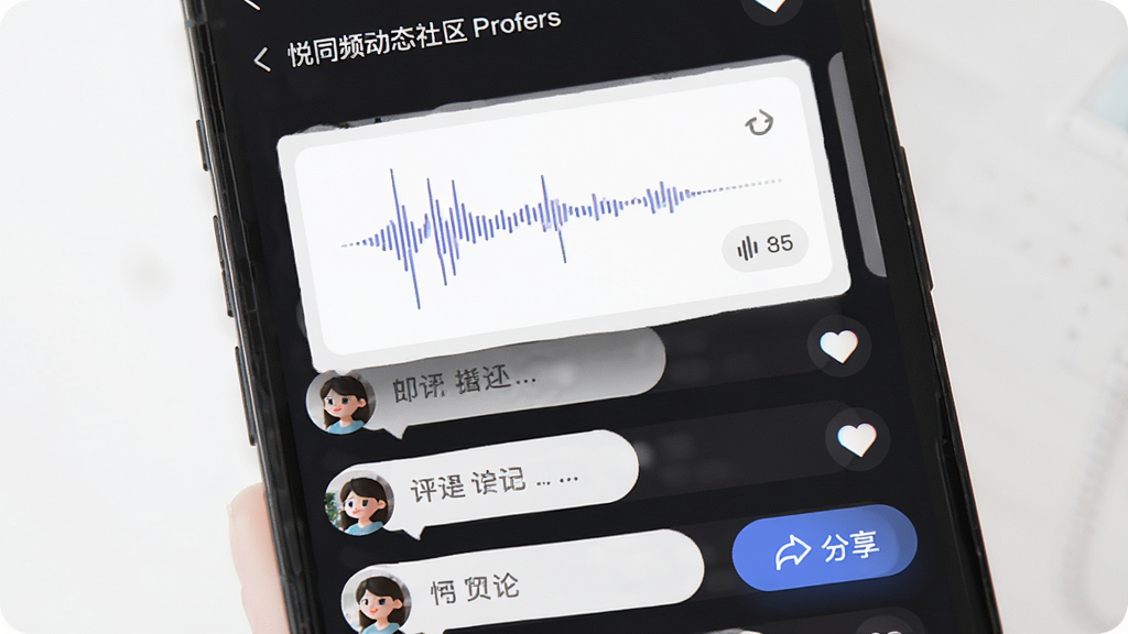 悦同频动态社区界面展示图,画面主体为手机屏幕显示动态信息流,包含语音波形卡片与用户头像点赞图标,布局为上下滚动式排版,风格清新简约,细节包含评论气泡与分享按钮,画质干净明亮