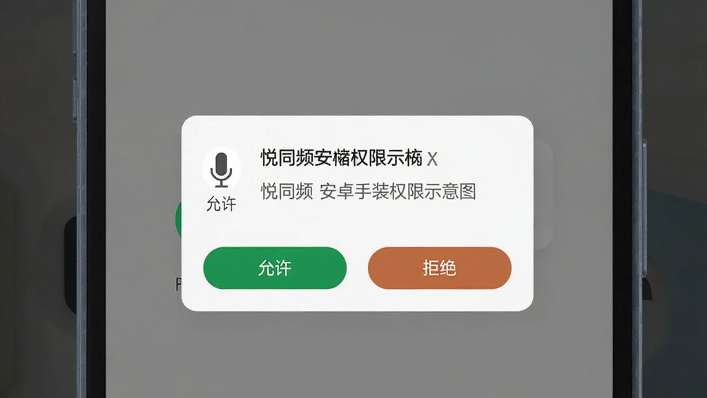 悦同频安卓手机安装权限设置示意图,画面展示手机屏幕弹出麦克风与存储权限授权对话框,主体为权限设置界面特写,布局清晰分层,风格扁平化设计,细节包含允许与拒绝按钮及权限说明文字,画质干净整洁