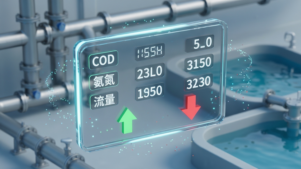 画面主体为一块悬浮在空中的透明数据面板,面板上排列着“COD”“氨氮”“流量”等中文标签与对应的数字,面板下方有绿色向上的箭头和红色向下的箭头,背景是抽象化的工厂管道与清水池,布局为面板占据画面中心,四周环绕细小的数据粒子,风格为轻科技感三维渲染,细节上面板边缘有发光效果,数字清晰锐利,画质干净整洁,无杂乱背景元素