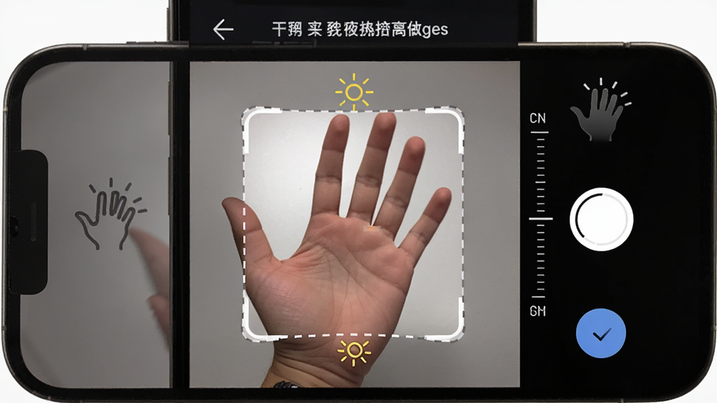 主体为手机屏幕显示看手掌纹拍摄引导界面,布局为取景框居中、四周有手掌轮廓虚线提示,排版上方有简短操作文字说明,风格为工具类应用引导页设计,细节包含光线提示图标、距离标尺示意、按钮醒目,画质清晰干净无多余元素