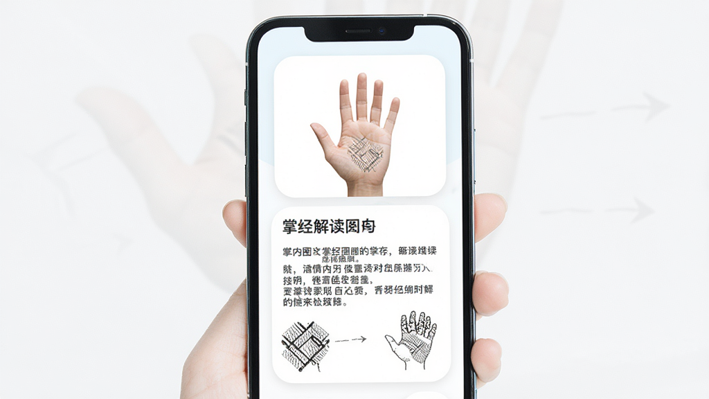 主体为手机界面展示掌纹解读图文卡片,布局为上方手掌缩略图、下方文字说明段落,排版左右留白舒适,风格为清新阅读类应用界面,细节包含卡片圆角、文字排版工整、配有小幅纹路示意图,画质高清干净无多余元素