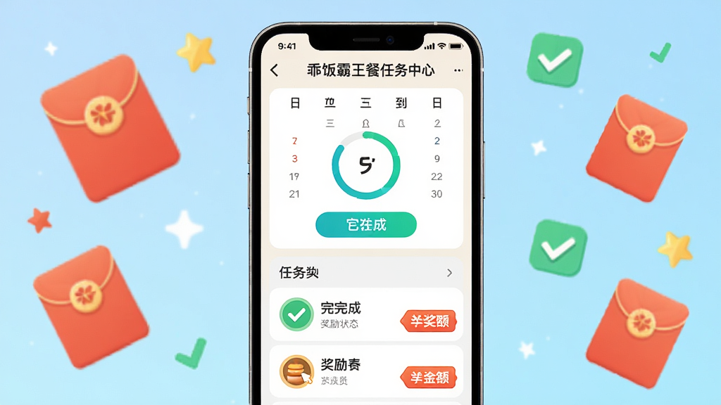 乖饭霸王餐任务中心界面展示,主体为手机屏幕内呈现签到日历和任务列表,布局上手机竖直居中,背景点缀红包、星星、对勾图标,排版清晰分区明确,风格为轻量游戏化UI设计,细节包括进度圆环、已完成状态标记、奖励金额标签,画质干净锐利,画面简洁,无多余装饰