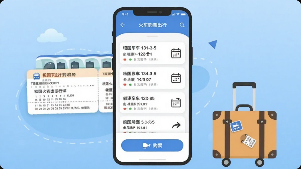 画面中央是一部竖屏智能手机,手机屏幕上显示着火车票购票出行的应用主界面,界面中有车次列表和购票按钮,手机两侧分别放置一张火车票卡片和一个小型行李箱,背景是浅蓝色渐变,整体采用扁平化插画风格,细节包括车次信息条、日历图标和出发到达箭头,画质清晰干净,无多余元素