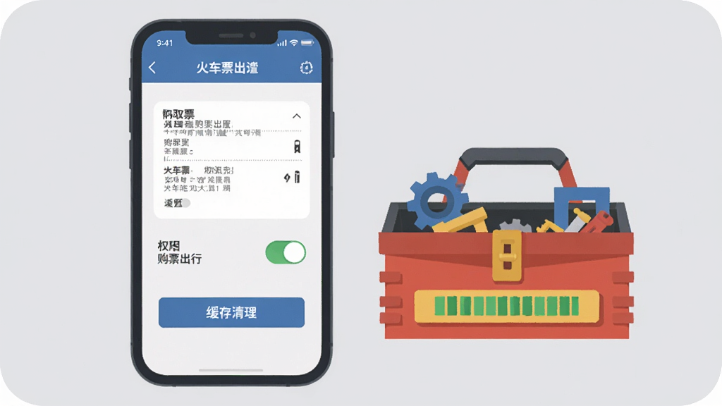 手机屏幕显示火车票购票出行的设置页面,页面上有权限开关和缓存清理按钮,手机旁边放着一个小工具箱,背景为浅灰色,风格为扁平化插画,细节包括齿轮图标和存储条,画质清晰干净,无多余元素