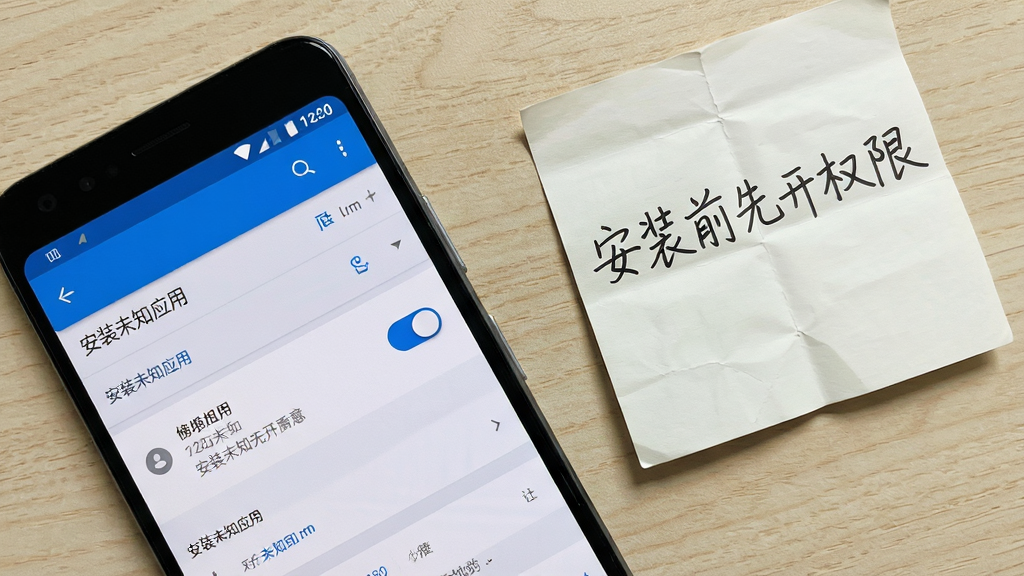 画面主体为一部安卓手机屏幕显示设置界面中的“安装未知应用”权限开关页面,屏幕旁边放着一张手写便签纸,便签上写有“安装前先开权限”几个字,布局采用对角线构图,手机位于左下、便签位于右上,风格为数码教程实拍风,细节上手机界面清晰、便签纸张有折痕、背景为浅色木纹桌面,画质为高清干净无多余元素