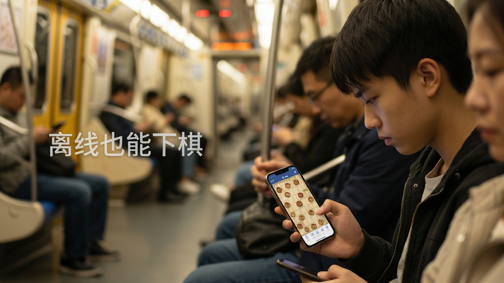 画面主体为一位年轻人坐在地铁车厢座位上低头看手机,手机屏幕显示经典象棋单机版棋盘界面,周围乘客模糊处理以突出主体,布局采用三分法构图,人物位于画面右侧三分之一处,左侧留白处用浅灰色小字标注“离线也能下棋”,风格为生活场景写实风,细节上手机屏幕亮度适中、人物表情专注、车厢灯光偏暖,画质为高清干净无多余元素