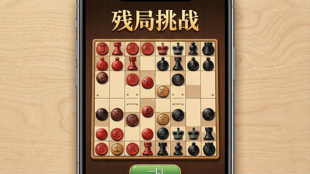 画面主体为手机屏幕特写,屏幕显示经典象棋单机版残局挑战关卡界面,棋盘上红黑双方棋子呈残局态势排列,屏幕上方有“残局挑战”四个字以金色字体呈现,布局采用居中对称构图,手机两侧有淡淡的木质桌面背景,风格为简洁应用展示风,细节上棋子立体感强、棋盘格子清晰、界面按钮圆润,画质为高清干净无多余元素