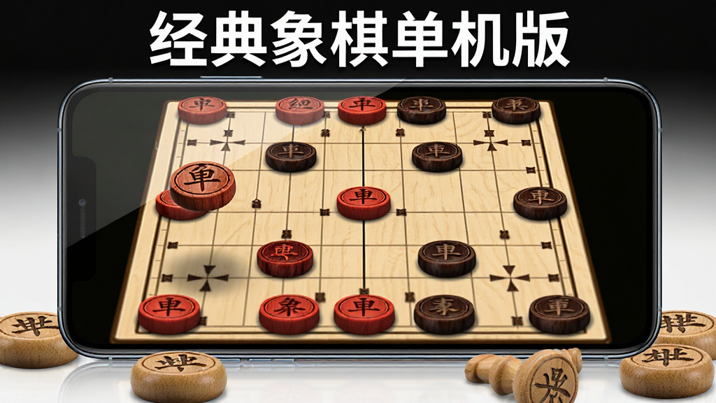 画面主体为一台横向摆放的智能手机,手机屏幕显示经典象棋单机版的中国象棋棋盘,红黑棋子整齐排列在棋盘格线上,棋盘左侧有一枚棋子被拿起悬停在半空,布局采用居中构图,手机下方散落几枚木质实体象棋棋子作为装饰,排版上软件名称“经典象棋单机版”以白色粗体字出现在画面顶部居中位置,风格为写实产品展示风,细节上棋盘线条清晰、棋子有木纹质感、手机边框有轻微反光,画质为高清1080p干净无多余元素