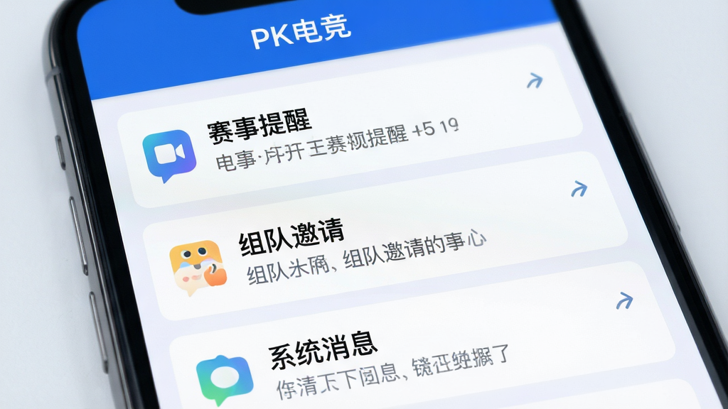 主体为手机消息通知界面特写,布局为纵向卡片列表,排版上每条通知独立成块并带有小图标,风格为清爽浅色UI设计,细节包含赛事提醒、组队邀请与系统消息三类卡片,画质高清干净,无多余元素,界面顶部显示文字“PK电竞”