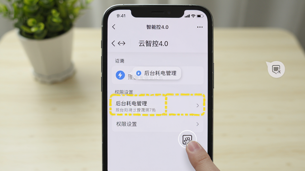 主体为手机屏幕显示云智控4.0设置页面,页面中高亮标注“后台耗电管理”与“权限设置”两个选项,布局为手机正面居中,背景为浅色桌面与绿植虚化,风格为实用教程截图示意,细节包括手指点击图标与提示气泡,画质清晰干净无多余元素