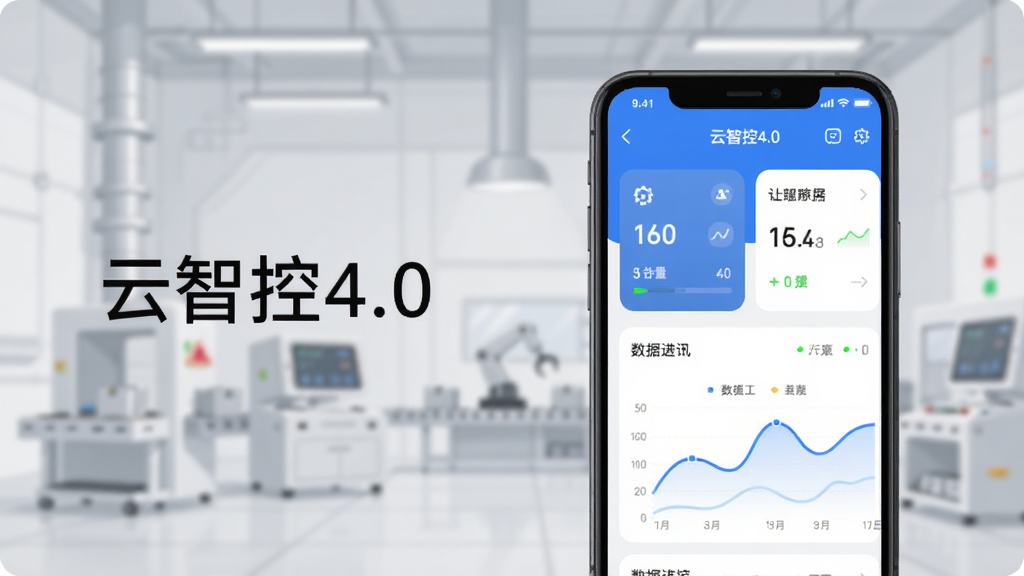 主体为一部智能手机,屏幕显示云智控4.0应用界面,包含设备状态卡片与数据曲线图,背景为浅灰色现代工业车间虚化场景,布局上手机居中偏右,左侧留白放置简洁标题文字“云智控4.0”,风格为扁平化科技插画,细节包括蓝色数据线条与绿色运行指示灯,画质清晰干净无多余元素