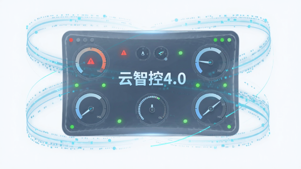 主体为悬浮在空中的半透明数据面板,面板上显示“云智控4.0”字样与多个圆形仪表盘,布局为面板居中,四周环绕淡蓝色数据流光线,风格为未来科技感数字插画,细节包括红色告警圆点与绿色正常指示灯,画质高清干净无多余元素