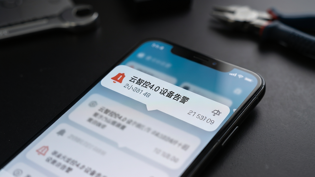 主体为手机屏幕特写,屏幕上方弹出告警通知卡片,卡片内写有“云智控4.0 设备告警”字样,布局为手机斜放居中,背景为深色桌面与工具虚化,风格为写实产品展示图,细节包括通知图标与时间戳,画质清晰干净无多余元素