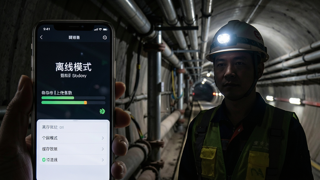 画面主体为一名工程人员站在地下管廊或隧道内,手机屏幕显示“离线模式”标识与待上传数据条数;布局为人物居中偏右、手机界面特写居左;风格为暗光工业风,细节包含管廊支架、手机屏幕微光、安全帽头灯、界面中的缓存进度条;画质清晰,干净,无多余元素