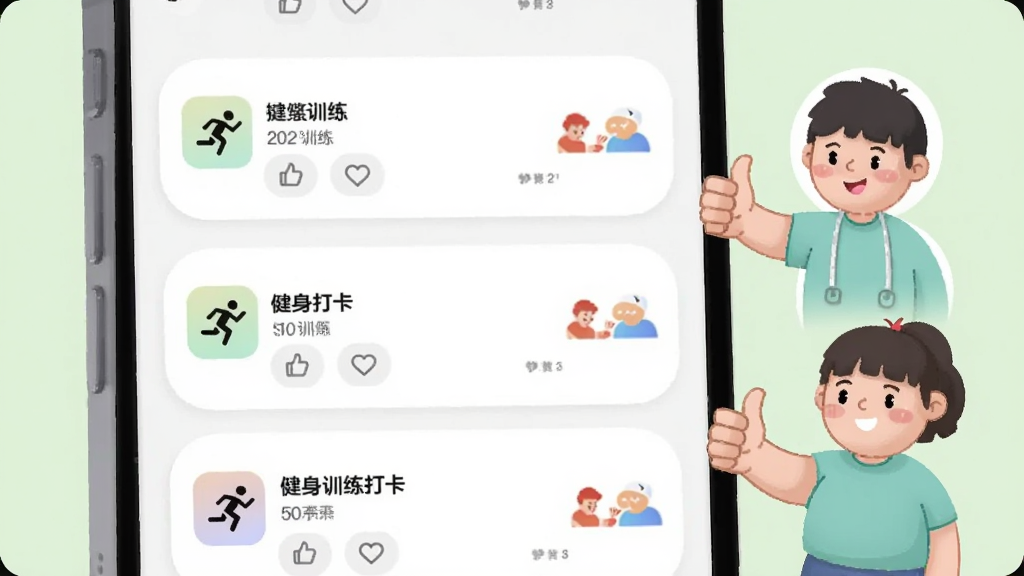 手机屏幕显示健身社区信息流界面,多条训练打卡动态配有小幅运动图标和点赞按钮,画面右侧有两位卡通风格用户竖起大拇指互动,背景为柔和的浅绿色,圆角卡片式布局,风格清新友好,画质干净