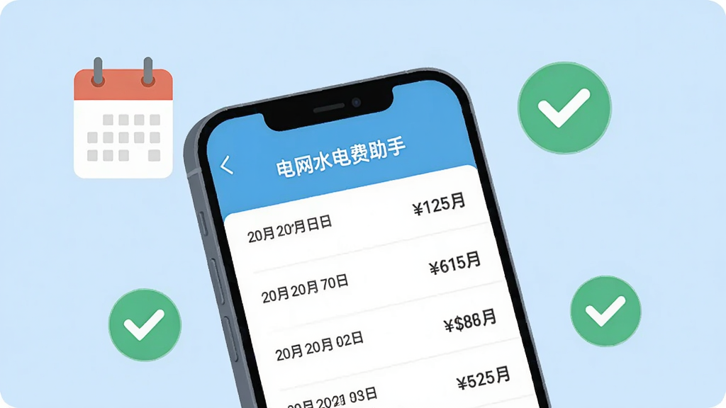 一部手机屏幕特写,显示“电网水电费助手”的缴费记录列表页面,多条记录按时间排列,每条包含日期与金额,手机悬浮在浅蓝色背景上方,周围环绕日历图标与对勾符号,扁平化矢量插画风格,配色清新,排版规整,画质高清、画面干净、无多余元素