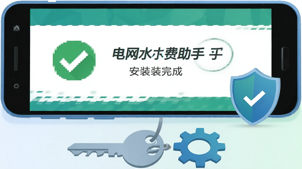 一部安卓手机屏幕显示“电网水电费助手”安装完成界面,旁边有绿色对勾图标与盾牌安全标识,手机下方放置一把钥匙与齿轮图标,背景为浅色渐变,扁平化科技插画风格,配色蓝绿相间,排版简洁,画质高清、画面干净、无多余元素