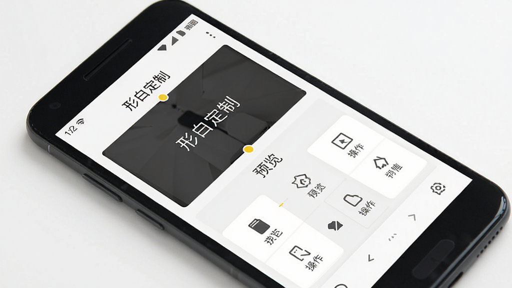 手机应用操作界面示意图,主体为一部平放的安卓手机,屏幕中显示“形白定制”的简洁功能分区界面,上方为预览区下方为操作区,布局清晰,风格素雅极简,细节包括图标线条与文字排版,画质清晰,干净,无多余元素