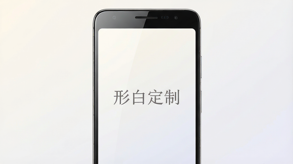 一张手机应用界面展示图,主体是一部居中摆放的安卓手机,屏幕中显示“形白定制”四个字的启动页,背景为浅色渐变,布局简洁干净,风格现代简约,细节包括手机边框高光与屏幕反光,画质清晰,干净,无多余元素