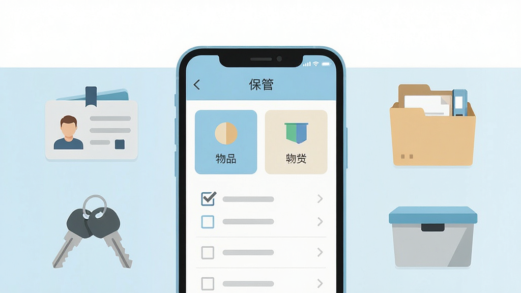 画面中央放置一部智能手机,手机屏幕上显示“保管”应用的主界面,界面中有物品分类卡片与清单列表,手机周围环绕着证件、钥匙、文件盒、收纳箱等物品图标,采用扁平化插画风格,布局左右均衡,上方留白,整体色调为浅蓝与米白,细节干净清晰,画质高清,无多余装饰元素
