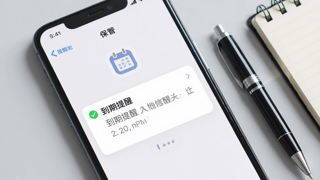 手机屏幕特写,显示“保管”应用的提醒设置界面,界面上有一个日历图标和一条提醒事项卡片,卡片上写着到期提醒的相关信息,手机旁边放着一支笔和一个小记事本,整体风格简洁明快,背景为浅灰色,画质细腻,布局干净,无多余元素