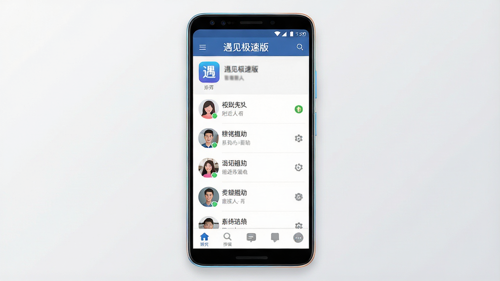 主体为一部竖向放置的安卓智能手机,屏幕中央显示“遇见极速版”应用主界面,界面包含附近的人头像列表与底部聊天导航栏;布局为手机居中、四周留白;排版简洁明快;风格为现代扁平化UI展示风格;细节包括手机边缘微光、界面图标清晰、背景为浅灰渐变;画质高清、干净、无多余元素