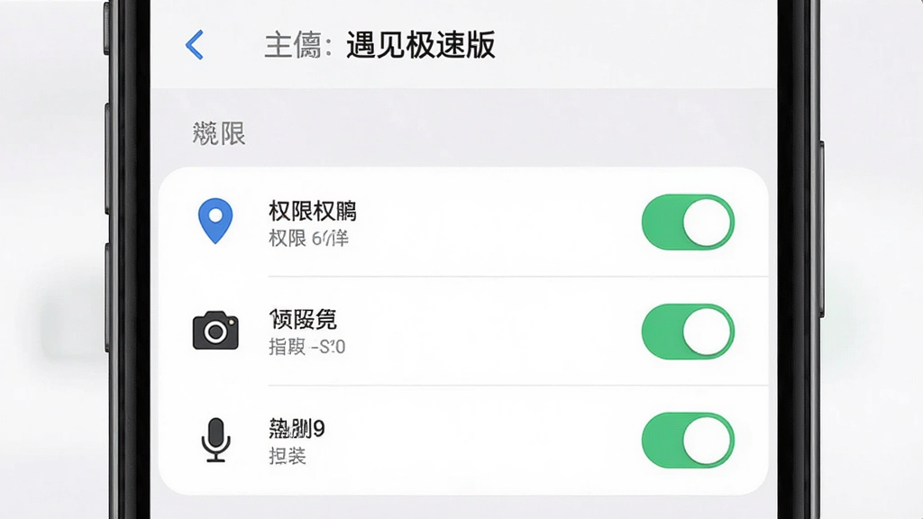主体为“遇见极速版”安装权限设置界面示意,画面包含权限开关列表与手机边框;布局为手机屏幕居中特写;排版为上下结构;风格为扁平化系统设置界面风格;细节包括定位、相机、麦克风开关图标清晰、背景为浅灰;画质高清、干净、无多余元素