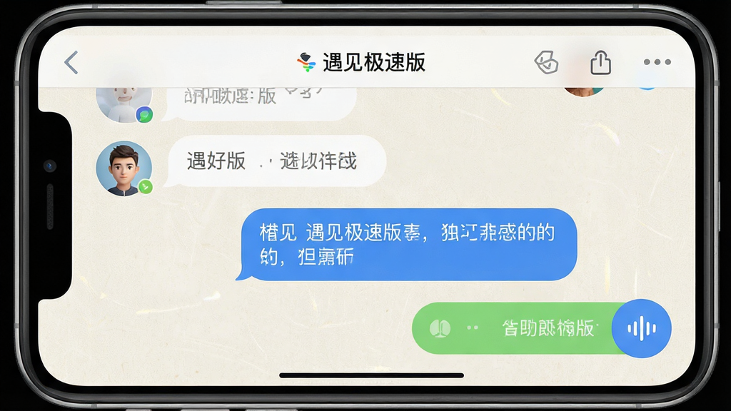 主体为“遇见极速版”聊天界面截图样式,包含气泡对话与语音按钮;布局为手机屏幕特写居中;排版清晰;风格为清爽社交UI风格;细节包括聊天气泡圆角、头像清晰、背景为浅色纹理;画质高清、干净、无多余元素