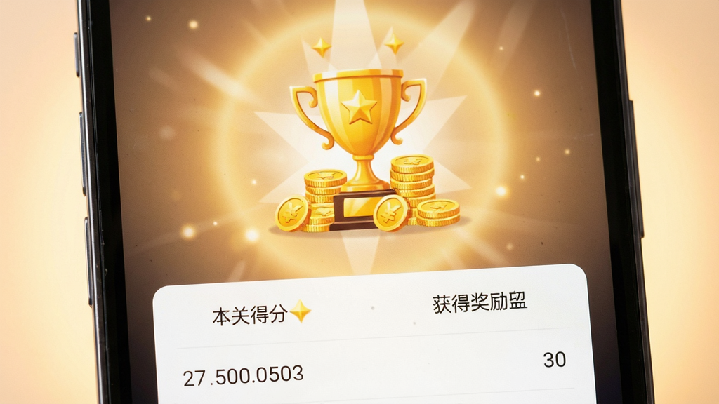 手机屏幕特写,画面显示结算界面,中央有金色奖杯与金币堆叠图案,下方列出本关得分与获得奖励条目,背景为柔和的暖色光晕,布局规整,风格简约现代,细节干净,画质清晰,无多余元素