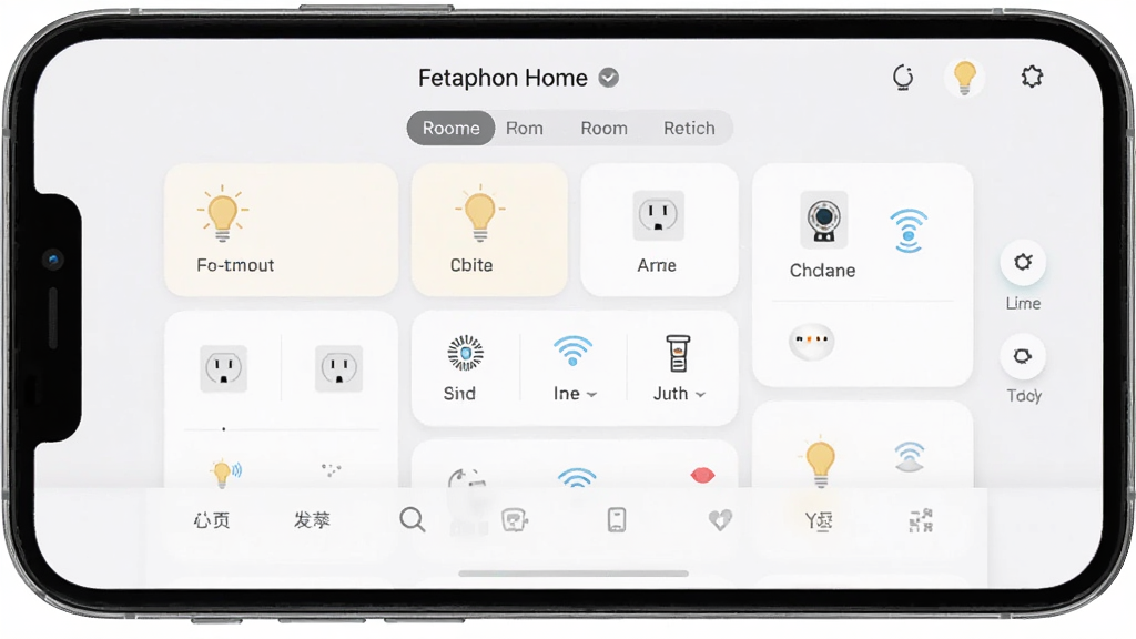 һ��չʾFetaphon Home����������ֻ���ĻЧ��ͼ������������ǳɫ���������ܼҾӿ�����壬��������Ϊ�����л���ǩ���в�Ϊ�豸��Ƭ���񣬵ײ�Ϊ��������������ִ���ϸ�ڰ����ƹ⡢������������ͼ�꣬�����������ɾ����޶���Ԫ��