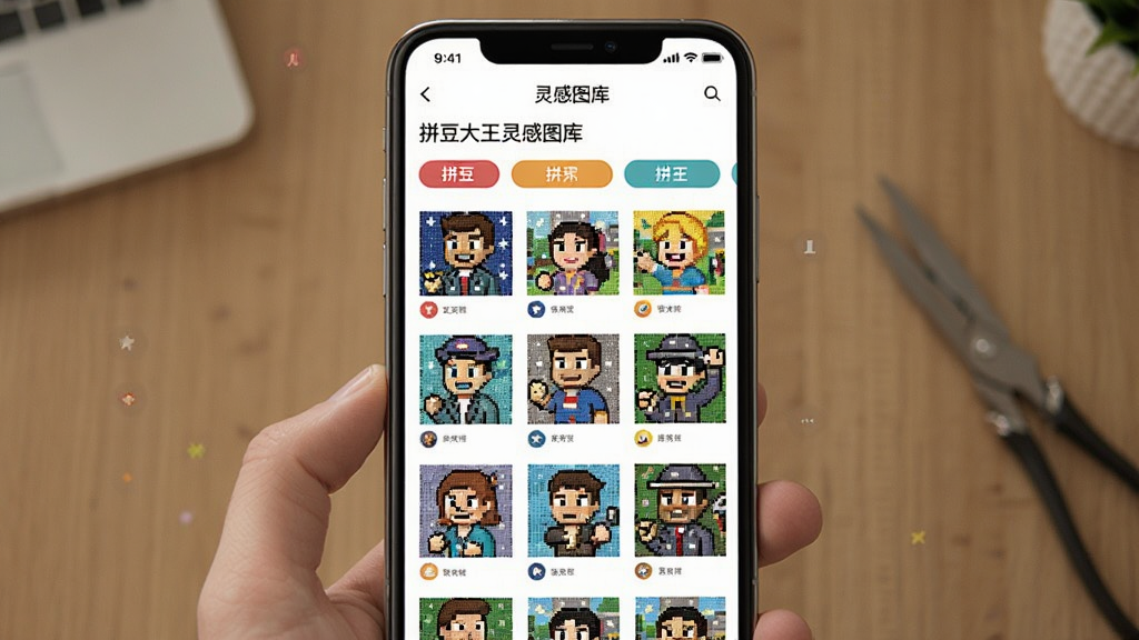 拼豆大王灵感图库页面,手机屏幕展示多张像素拼豆图纸缩略图,分类标签清晰,界面色彩丰富但不杂乱,画质干净
